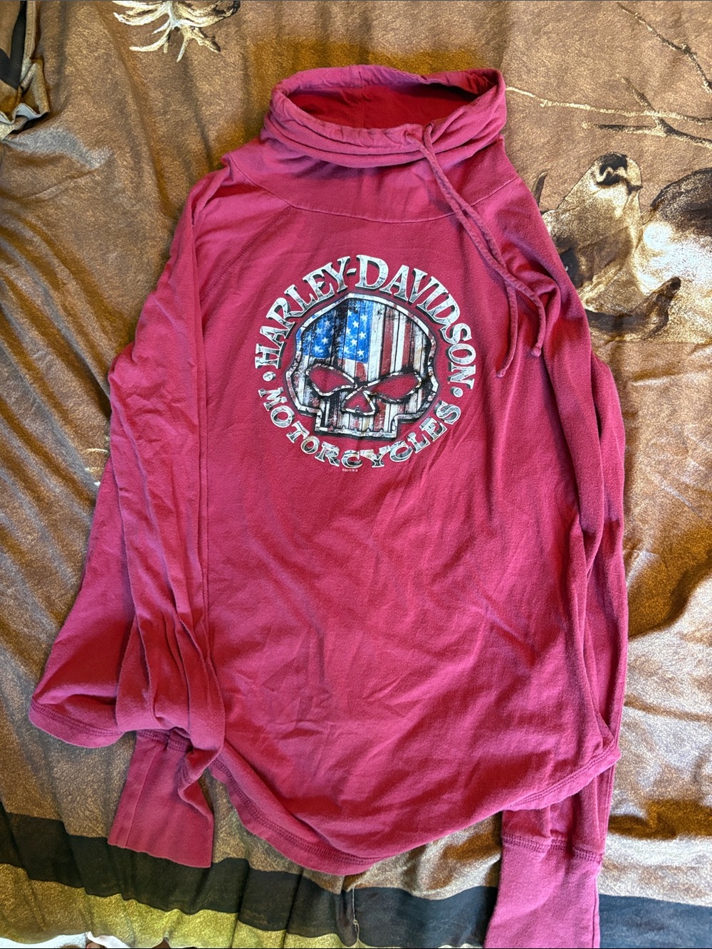 Harley-Davidson Magenta Cowl Neck Long Sleeve Tee with Flag Skull